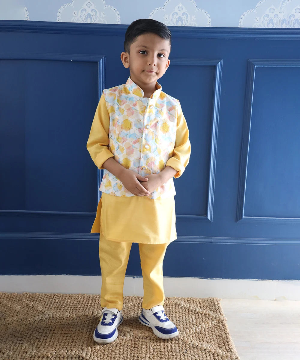 Yellow boys dhoti kurta set with matching waistcoat for weddings, Jaipur