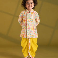 Boys' yellow printed kurta dhoti set, party wear for Diwali by Devils N Angels Jaipur