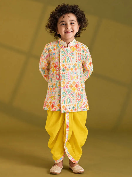Boys' yellow printed kurta dhoti set, party wear for Diwali by Devils N Angels Jaipur