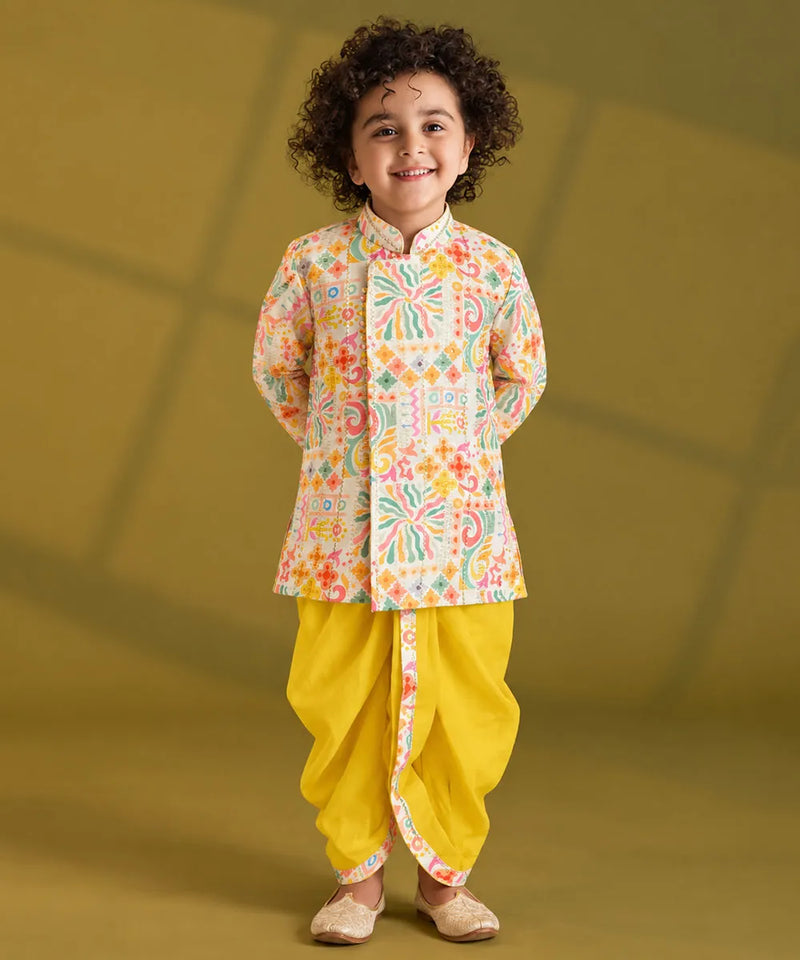 Boys' yellow printed kurta dhoti set, party wear for Diwali by Devils N Angels Jaipur