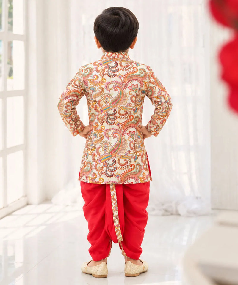 Boys' multicolour paisley kurta with red dhoti for Diwali, Devils N Angels Jaipur, view 3