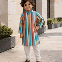 Multi-color Striped Kurta with Cream Pyjama for Haldi / Mehndi | Jaipur