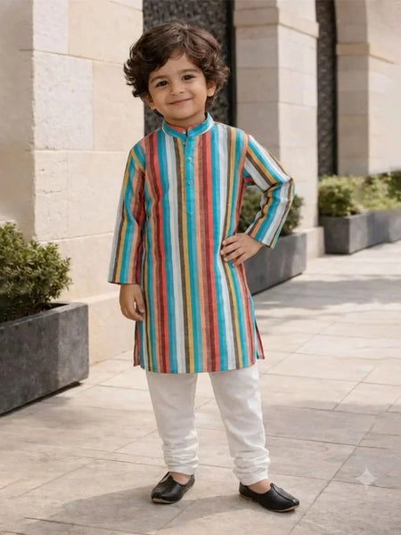 Multi-color Striped Kurta with Cream Pyjama for Haldi / Mehndi | Jaipur
