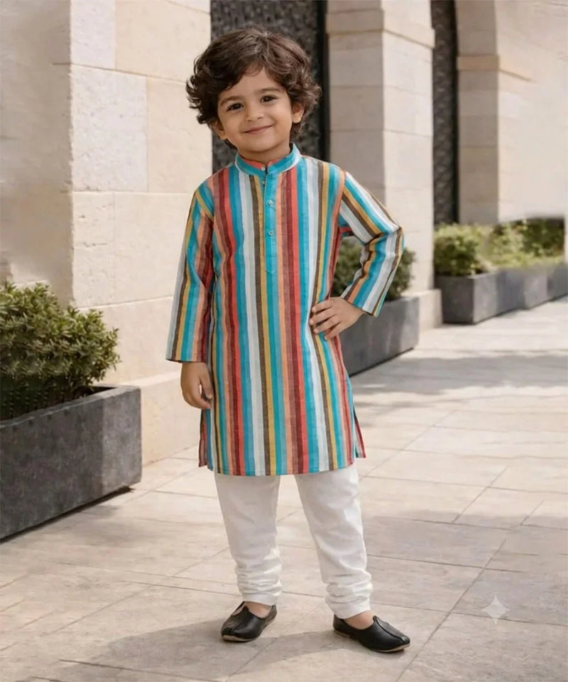 Multi-color Striped Kurta with Cream Pyjama for Haldi / Mehndi | Jaipur
