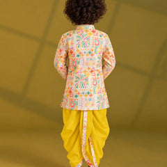 Baby boys' yellow printed kurta dhoti for parties and festivals, Devils N Angels Jaipur, view 3
