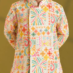 Boys' yellow printed kurta with dhoti, traditional festive wear, Devils N Angels Jaipur, view 2
