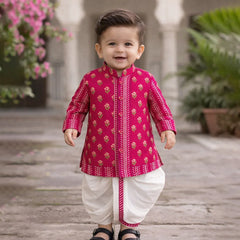 Jaipur Floral Boys Rani Pink Kurta Pyjama Set with Dhoti – Cotton Festive Kids Outfit