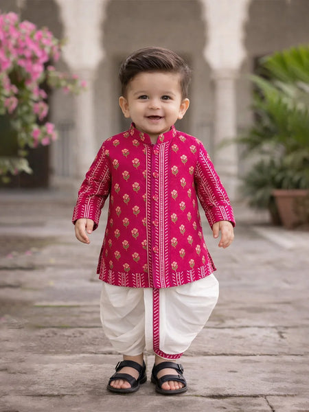 Jaipur Floral Boys Rani Pink Kurta Pyjama Set with Dhoti – Cotton Festive Kids Outfit