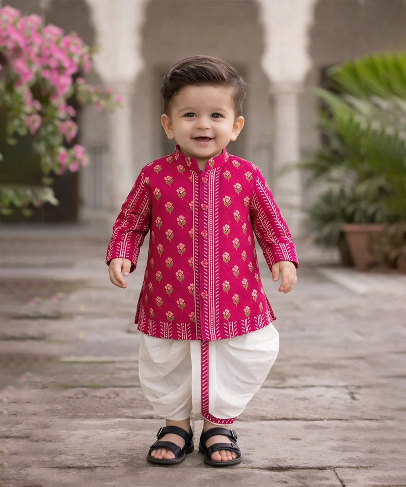 Jaipur Floral Boys Rani Pink Kurta Pyjama Set with Dhoti – Cotton Festive Kids Outfit