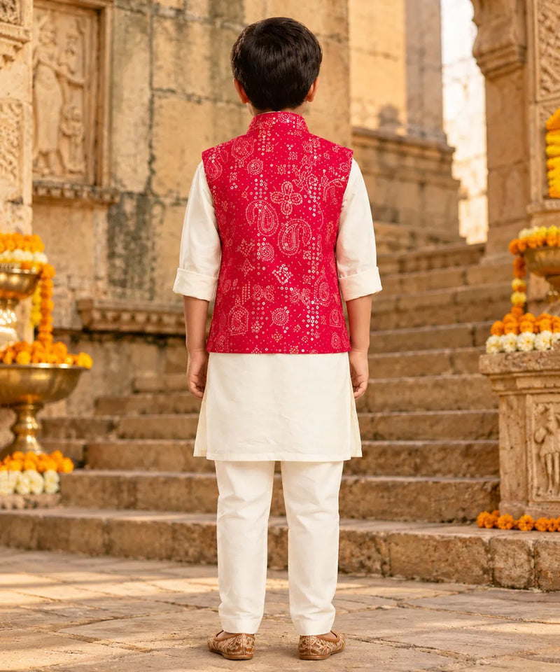Boys' cream kurta pyjama and red bandhej jacket set for festivals, Devils N Angels Jaipur, view 3