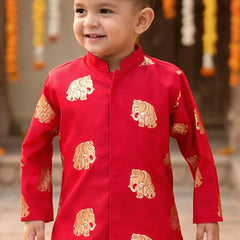 Child wearing a red traditional outfit with gold patterns, standing against a decorative background.