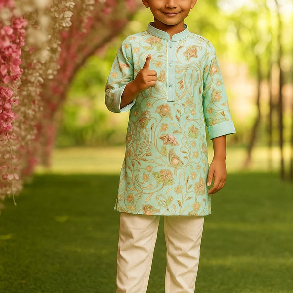Child in a floral kurta and white pants standing under pink flowers