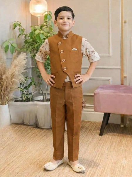 A child viewed from behind wearing a brown vest and matching trousers over a white patterned short-sleeve shirt, standing in an indoor room with plants, a lamp, and a pink bench.