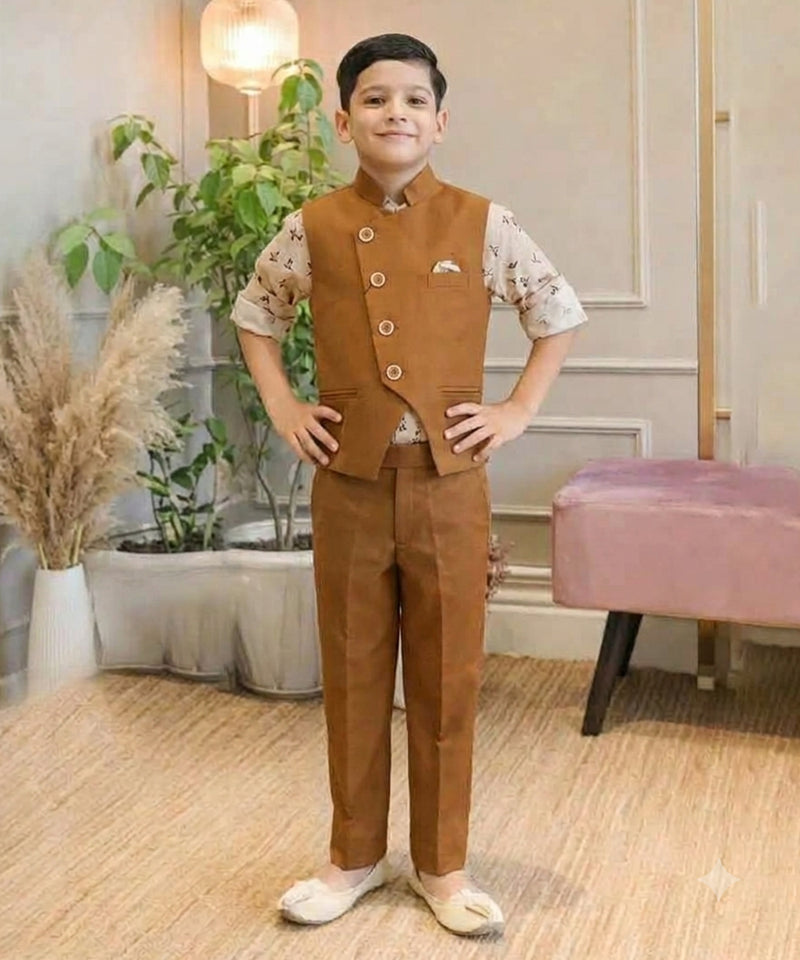 A child viewed from behind wearing a brown vest and matching trousers over a white patterned short-sleeve shirt, standing in an indoor room with plants, a lamp, and a pink bench.