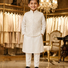 A young boy stands in a luxury bridal or formalwear showroom wearing a traditional white Indian outfit consisting of a heavily embroidered mandarin collar jacket, a straight kurta, and trousers. The background features racks of white and gold wedding gowns, a large crystal chandelier, and an ornate gold chair.