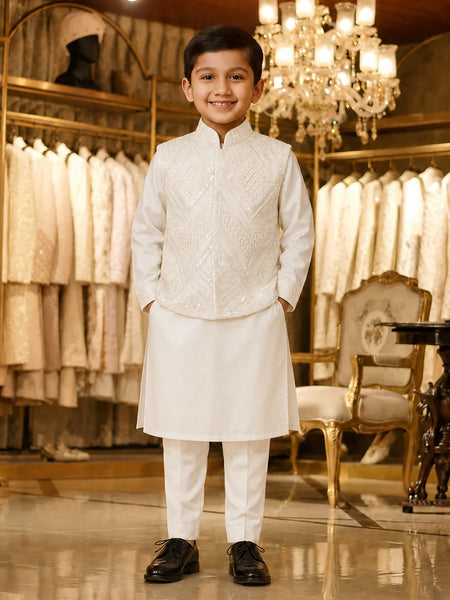 A young boy stands in a luxury bridal or formalwear showroom wearing a traditional white Indian outfit consisting of a heavily embroidered mandarin collar jacket, a straight kurta, and trousers. The background features racks of white and gold wedding gowns, a large crystal chandelier, and an ornate gold chair.