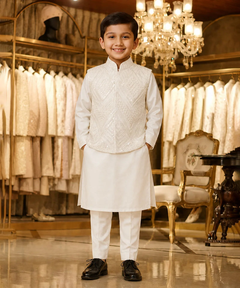 A young boy stands in a luxury bridal or formalwear showroom wearing a traditional white Indian outfit consisting of a heavily embroidered mandarin collar jacket, a straight kurta, and trousers. The background features racks of white and gold wedding gowns, a large crystal chandelier, and an ornate gold chair.