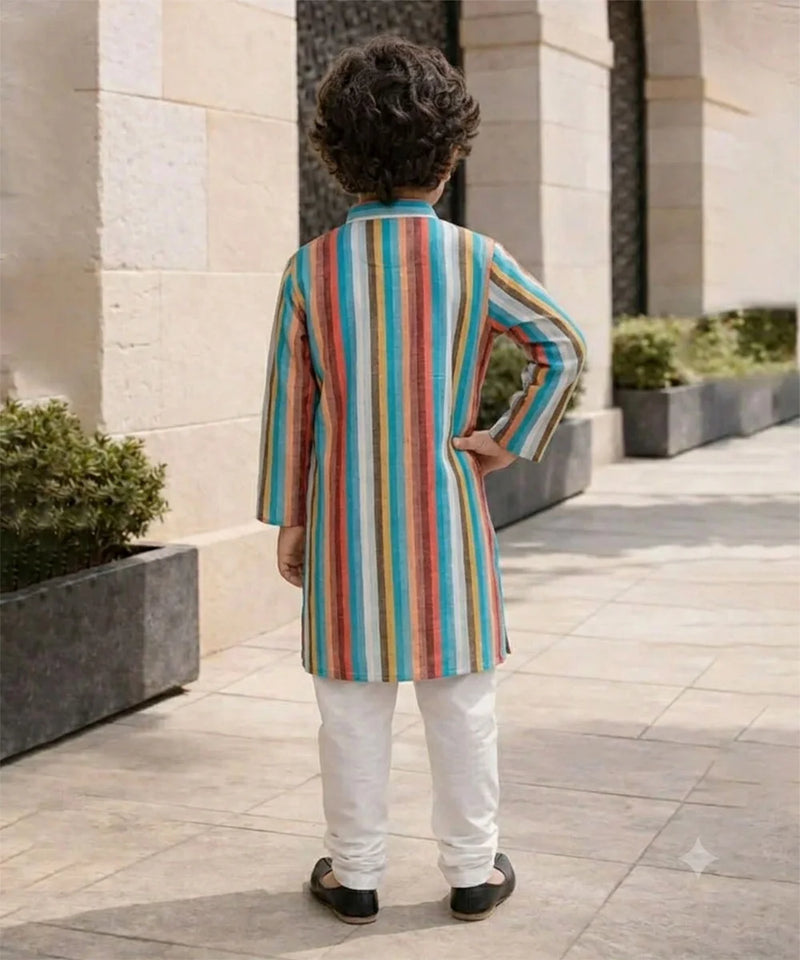 Multi-color Striped Kurta with Cream Pyjama for Haldi / Mehndi | Jaipur