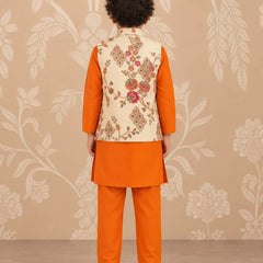Boys' cream printed jacket with orange kurta pyjama for festivals, Devils N Angels Jaipur, view 3