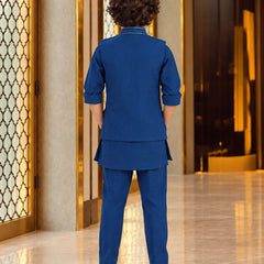 Boys' navy blue waistcoat kurta pyjama set for festivals, Devils N Angels Jaipur, view 3