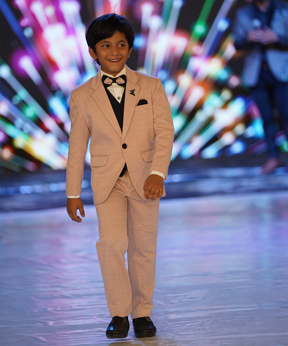 Boys light pink checked formal tuxedo set Jaipur best kidswear store