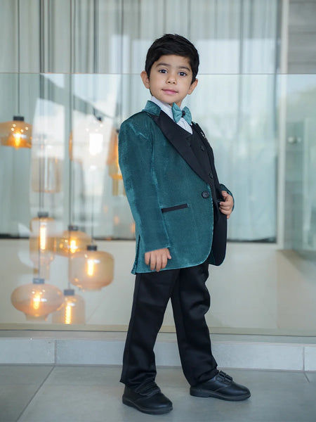 Boys designer green velvet jacket with black pants for weddings Jaipur