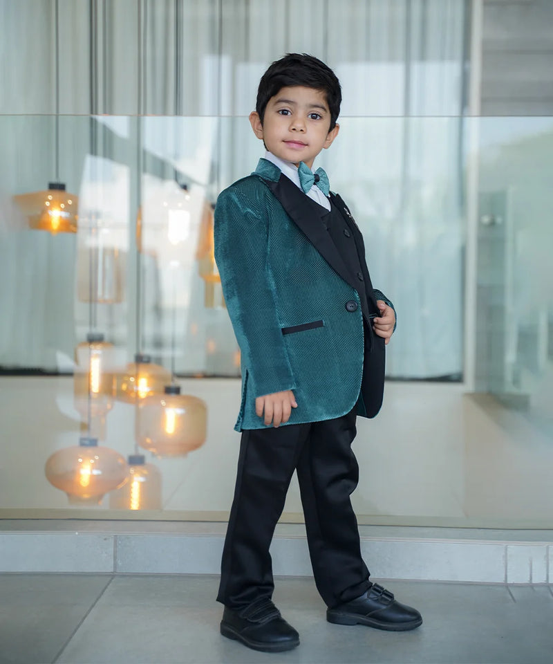 Boys designer green velvet jacket with black pants for weddings Jaipur