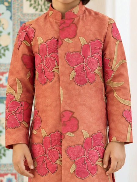 Boys' peach printed kurta pyjama, Indian festive wear, Devils N Angels Jaipur, view 2