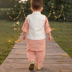 Peach Cotton Kurta Pyjama with Cream Jacket for Boys | Jaipur Kidswear Showroom