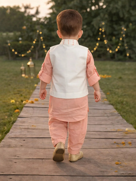 Peach Cotton Kurta Pyjama with Cream Jacket for Boys | Jaipur Kidswear Showroom
