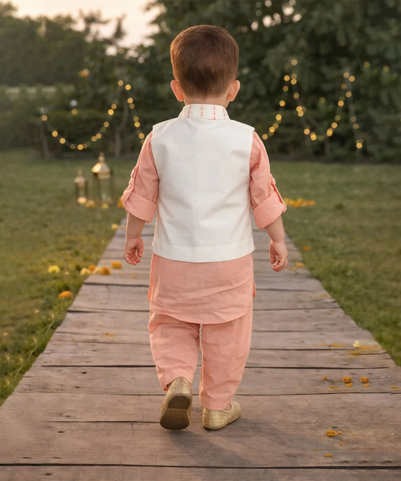 Peach Cotton Kurta Pyjama with Cream Jacket for Boys | Jaipur Kidswear Showroom