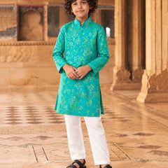 Boys' sea green sequin bandhej print kurta pyjama, party wear by Devils N Angels Jaipur