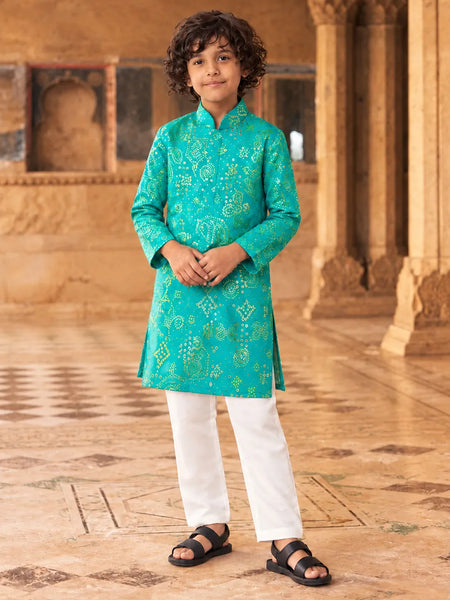 Boys' sea green sequin bandhej print kurta pyjama, party wear by Devils N Angels Jaipur