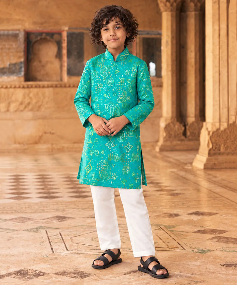 Boys' sea green sequin bandhej print kurta pyjama, party wear by Devils N Angels Jaipur