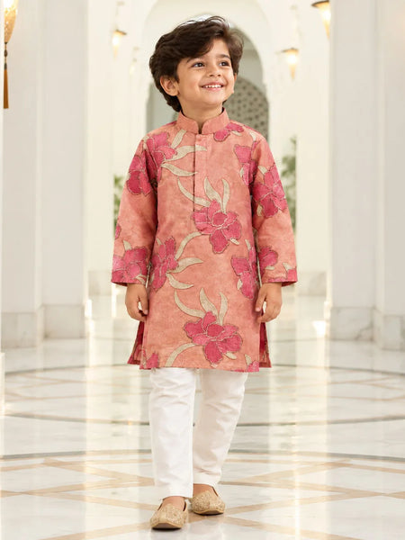 Devils N Angels Boys Peach Printed Kurta Pyjama Set Festive Wear 1–11 Years | Jaipur