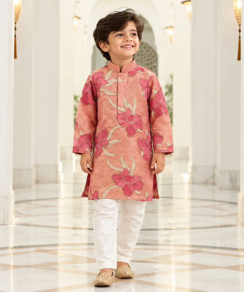 Devils N Angels Boys Peach Printed Kurta Pyjama Set Festive Wear 1–11 Years | Jaipur