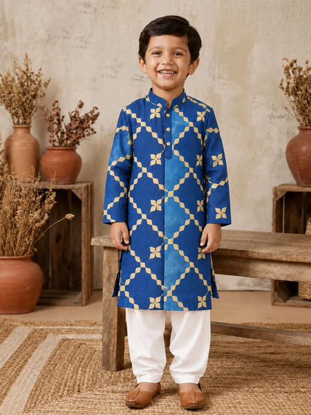 Boys' blue embroidered kurta pyjama set for festivals by Devils N Angels Jaipur
