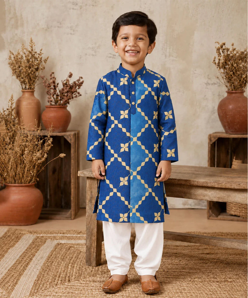 Boys' blue embroidered kurta pyjama set for festivals by Devils N Angels Jaipur