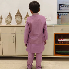 The is back look of lavender color kurta pajama with jacket. The jacket is plain from behind.