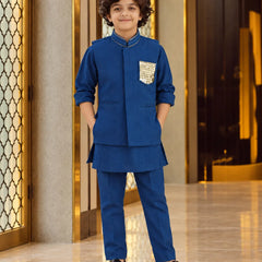 Boys' navy blue kurta pyjama with waistcoat jacket, party wear by Devils N Angels Jaipur