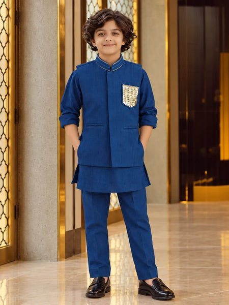 Boys' navy blue kurta pyjama with waistcoat jacket, party wear by Devils N Angels Jaipur