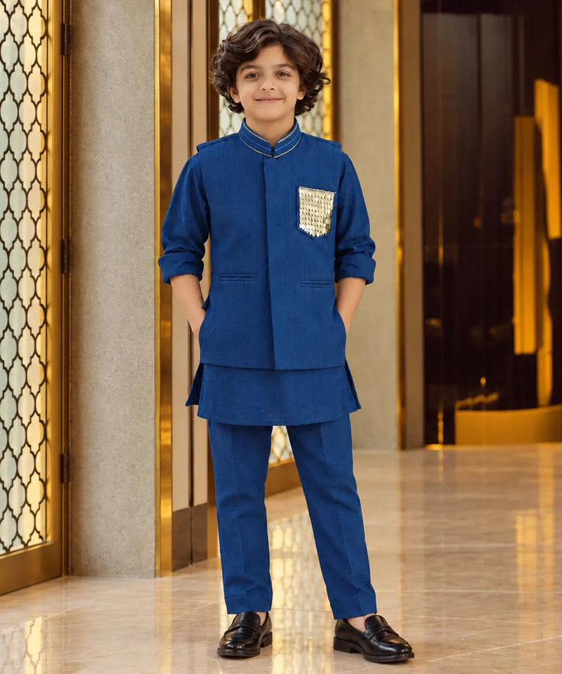 Boys' navy blue kurta pyjama with waistcoat jacket, party wear by Devils N Angels Jaipur