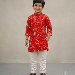 Devils N Angels Boys Red & White Bandhej Kurta Pyjama 12–13 Years | Jaipur