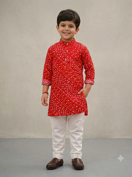 Devils N Angels Boys Red & White Bandhej Kurta Pyjama 12–13 Years | Jaipur