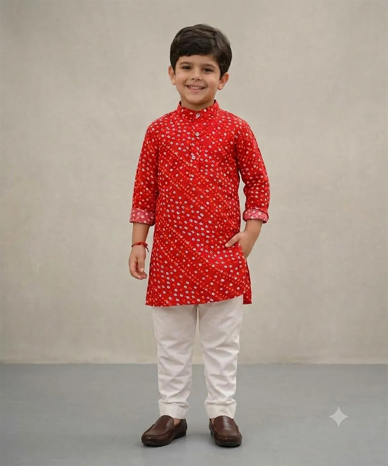 Devils N Angels Boys Red & White Bandhej Kurta Pyjama 12–13 Years | Jaipur