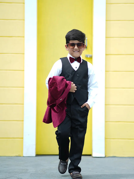 Boys partywear velvet tuxedo maroon and black suit Jaipur fashion store