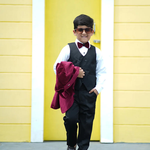 Boys partywear velvet tuxedo maroon and black suit Jaipur fashion store