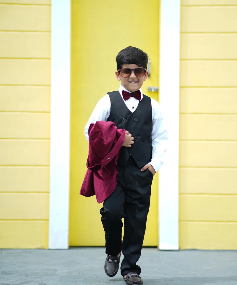 Boys partywear velvet tuxedo maroon and black suit Jaipur fashion store