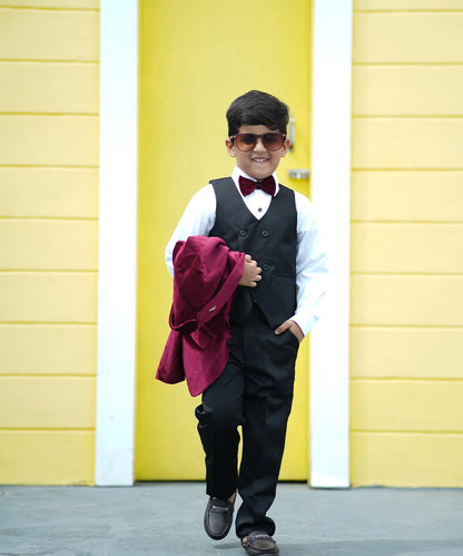 Boys partywear velvet tuxedo maroon and black suit Jaipur fashion store