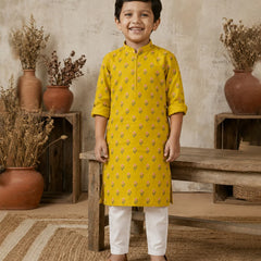 Mustard floral print kurta with white pajama for boys